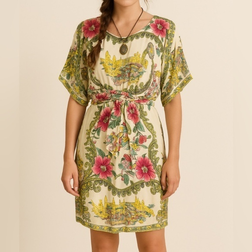 Collette Dinnigan 100% Silk Anthropologie Bohemian Floral Print Dress Size 0, XS